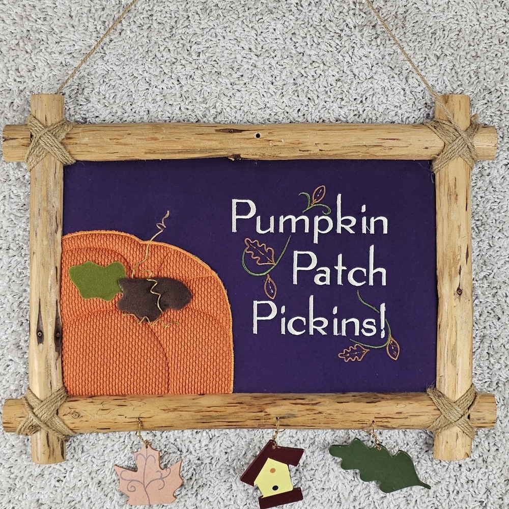 Vintage Pumpkin Patch Pickins Rustic Wooden Frame Stitched Sign Fall Halloween